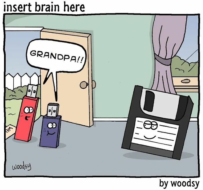 Cartoon showing a floppy disk called grandpa and USB drives in an absurd situation with silly humor style.