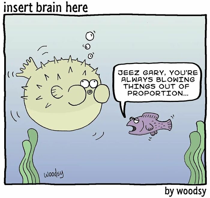 Cartoon fish humor with a pufferfish blowing up, highlighting absurd situations and silly humor in a comic style.