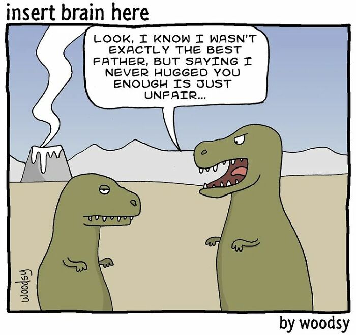 Two cartoon dinosaurs in an absurd situation with silly humor, one apologizing for not hugging enough.