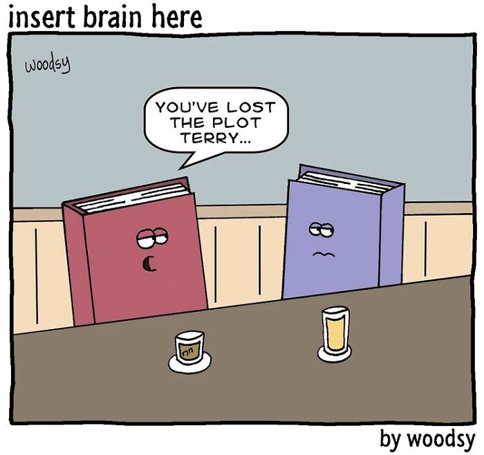 Two talking books humorously show absurd situations and silly humor in a comic by Paul Woods.