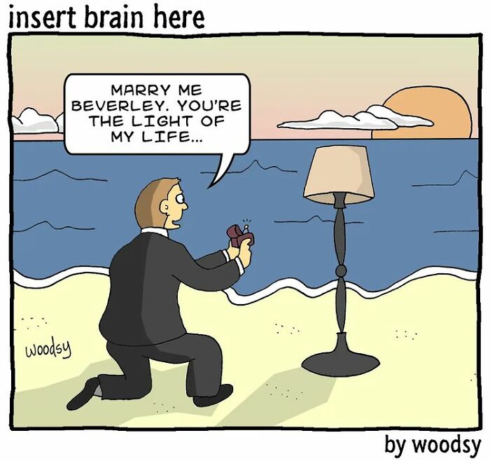 Man proposing marriage to a lamp on the beach at sunset in an absurd situation comic with silly humor.
