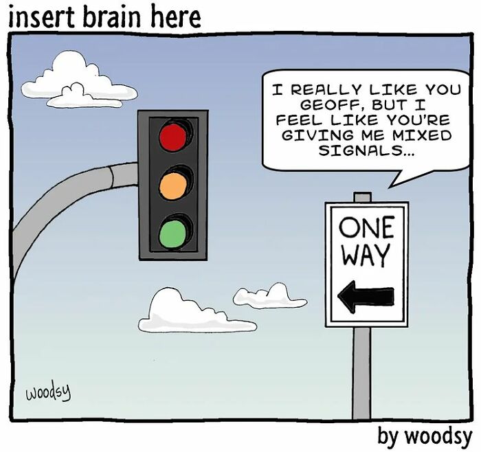 Comic showing a traffic light and one way sign with speech bubble, illustrating absurd situations and silly humor.