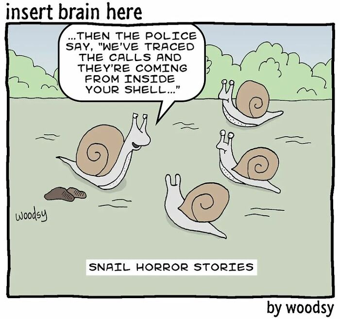 Cartoon snails telling absurd and silly humor involving police tracing calls inside a snail’s shell.