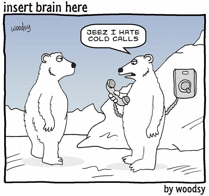 Two polar bears in an icy setting with one holding a phone, illustrating absurd situations and silly humor in a comic style.