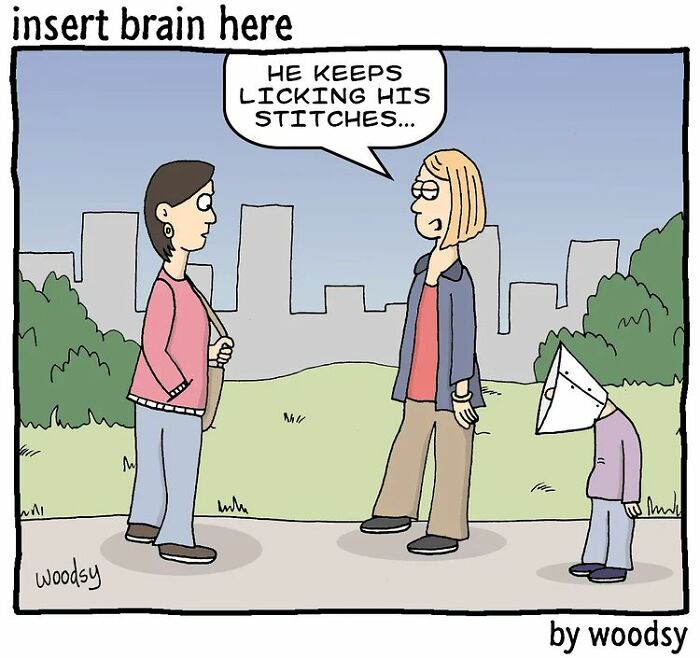Two women talk outdoors as a child with a cone on his head licks stitches in this absurd situations and silly humor comic.