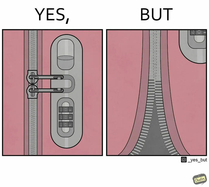 Illustration by Anton Gudim showing a zipper with locks labeled yes and an open zipper labeled but in two panels.