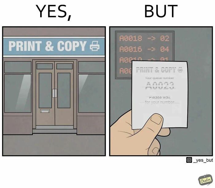 Illustration by Anton Gudim showing a print and copy shop with a waiting queue ticket, related to yes but concepts.