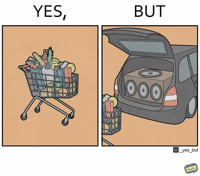 Yes, But illustration by Anton Gudim showing a shopping cart with groceries and a car trunk with a large speaker.