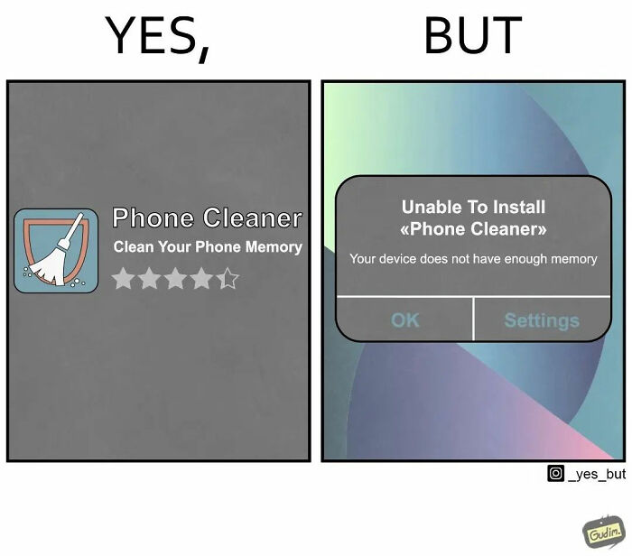 Illustration by Anton Gudim showing a phone cleaner app failing to install due to insufficient device memory.