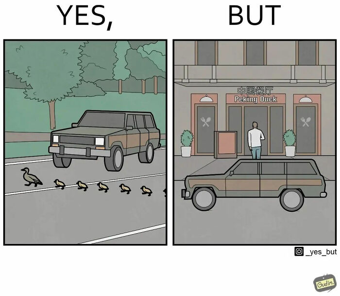 Illustration by Anton Gudim showing a car waiting for ducks to cross and then parked outside a restaurant.