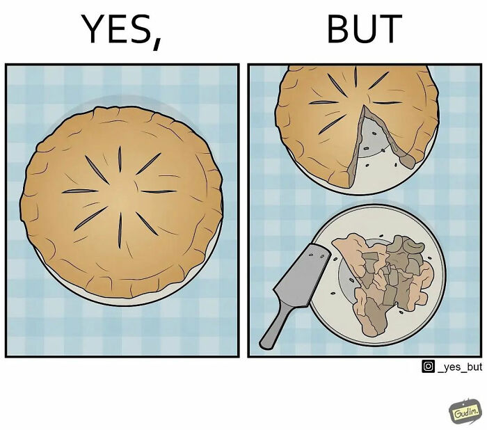 Illustration by Anton Gudim showing a whole pie labeled yes and a messy slice on a plate labeled but.