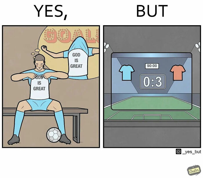 Illustration by Anton Gudim showing a soccer player celebrating with a shirt and a scoreboard displaying a losing score.