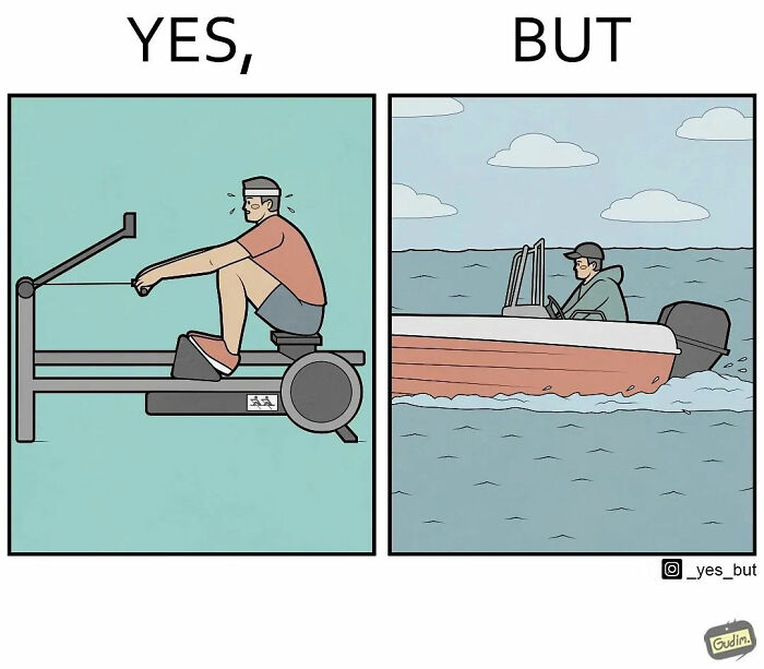 Yes but illustration by Anton Gudim showing a man rowing indoors versus driving a boat on water.