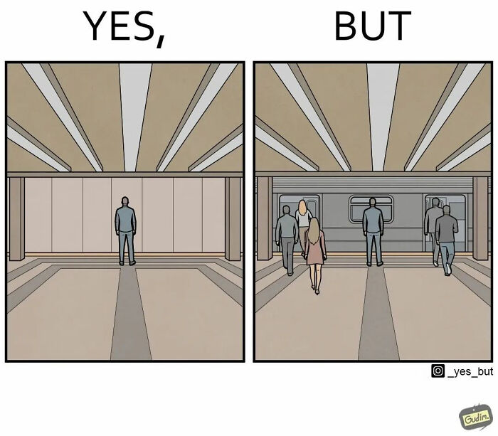 Illustration by Anton Gudim showing a person facing a closed wall labeled yes and an open subway labeled but.
