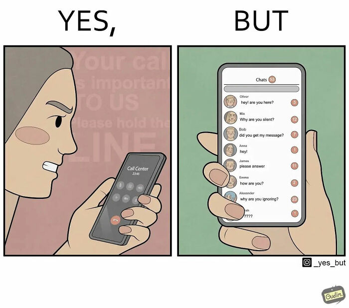 Illustration by Anton Gudim showing a person engaging with a call center and multiple unread chat messages.