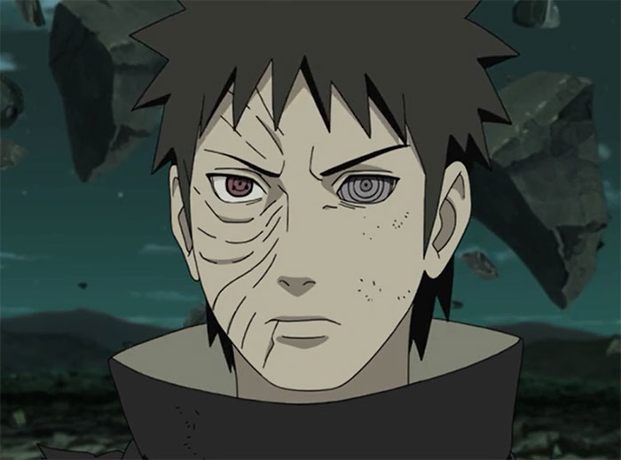Obito Uchiha without a mask wearing black clothes