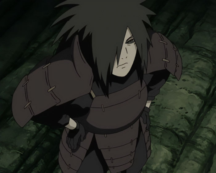 Madara Uchiha wearing red armour and watching