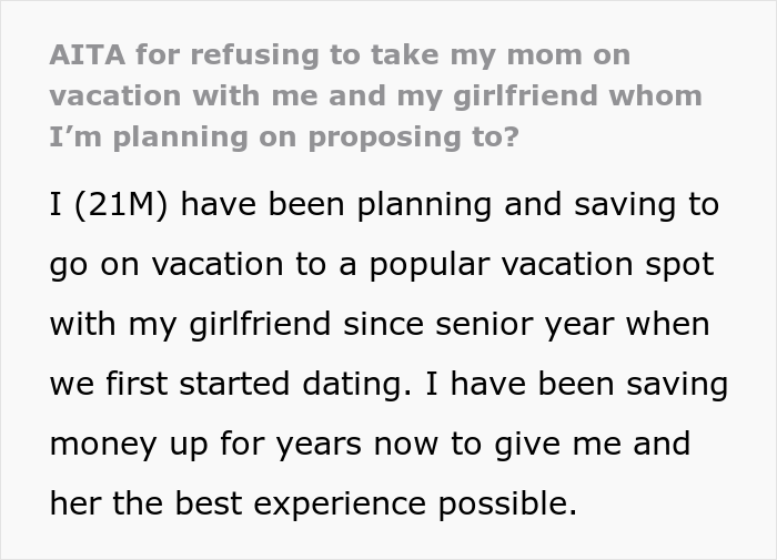 Guy Plans To Pop The Question During A Long-Awaited Vacation, Mother Throws A Tantrum Because He Refused To Take Her - 2