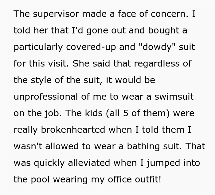 Social Worker Is Praised For Wholesome Malicious Compliance After Not Being Allowed To Wear A Bathing Suit On The Job