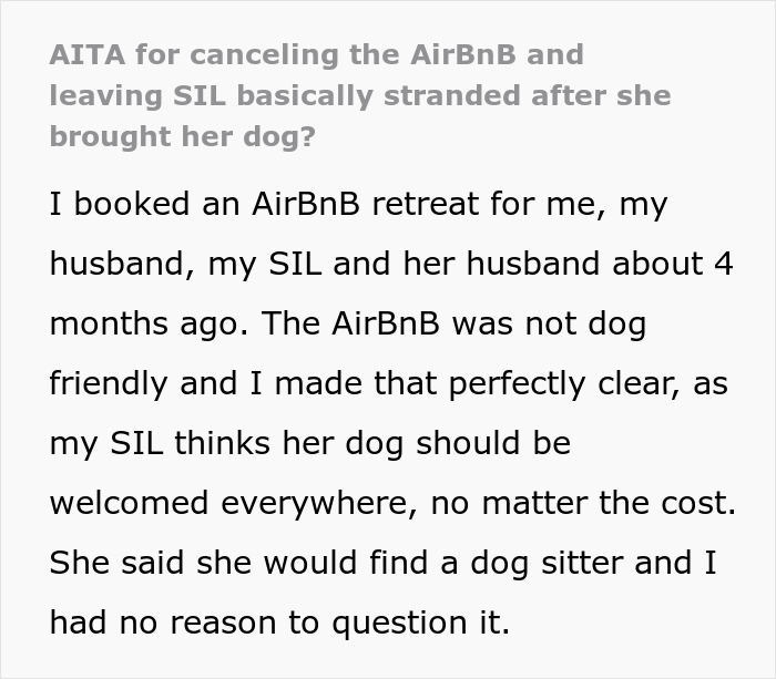 Woman Drops $4,000 For Pet-Free Family Vacation, SIL Tries To Sneak Her Dog Into Airbnb, Woman Cancels And Leaves SIL Stranded - 2