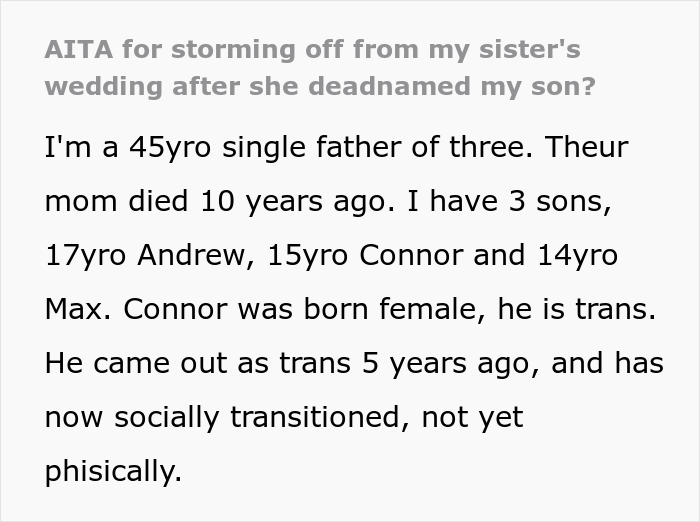 “Am I The Jerk For Storming Off From My Sister’s Wedding After She Deadnamed My Son?” “Am I The Jerk For Storming Off From My Sister’s Wedding After She Deadnamed My Son?”