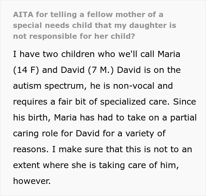 “AITA For Telling A Fellow Mother Of A Special Needs Child That My Daughter Is Not Responsible For Her Child?” - 2