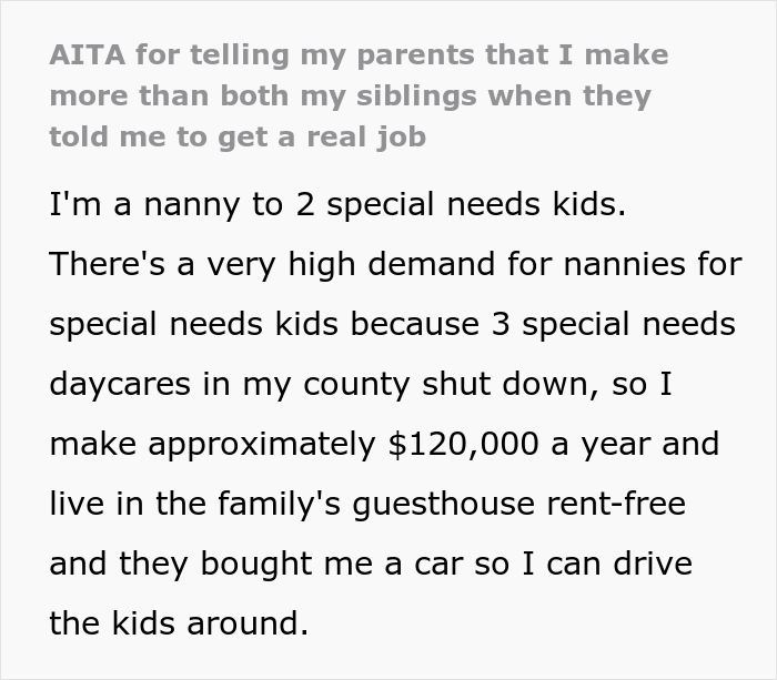 Woman Asks If She Was Wrong For Bringing Up The Fact That She Earns More Than Her Siblings To Her Parents When They Tell Her To Get A &lsquo;Real Job&rsquo;
