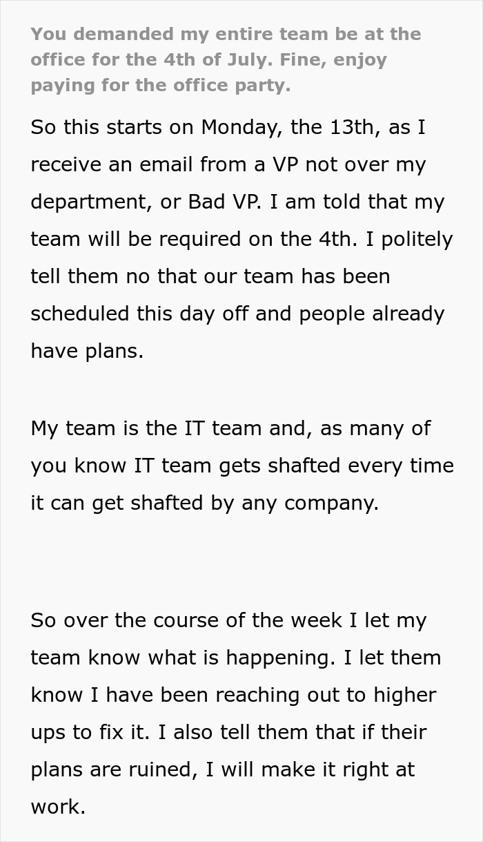 "You Guys Don’t Have Lives": Entitled VP Demands Employees Work On The 4th Of July, Regrets It When They Throw A $6,000 Office Party "You Guys Don’t Have Lives": Entitled VP Demands Employees Work On The 4th Of July, Regrets It When They Throw A $6,000 Office Party