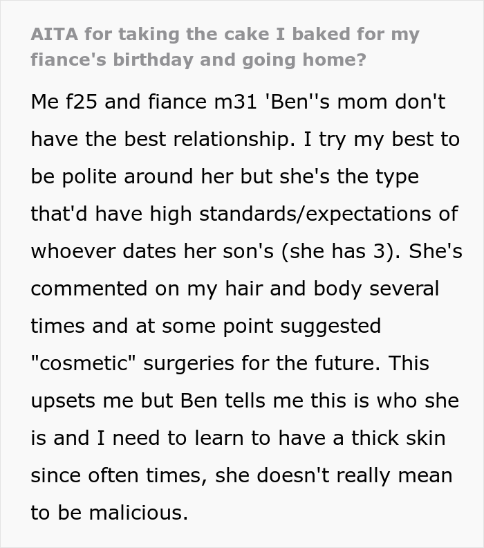 Woman Asks Folks Online If She&rsquo;s A Jerk For Taking The Cake She Baked For Her Fiance And Leaving His B-Day Party After His Mom Stole Her Thunder