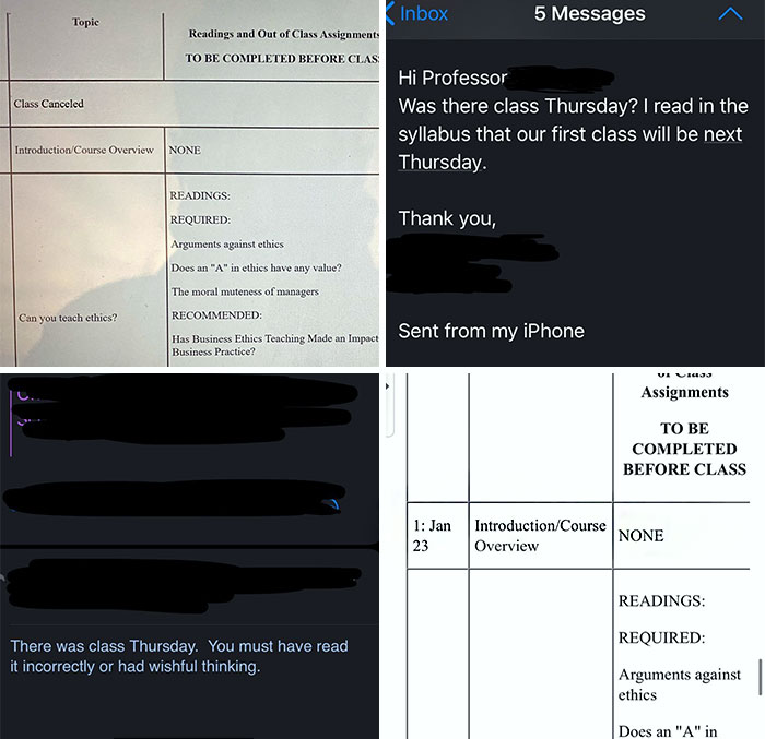 My Ethics Professor Playing Games. Syllabus As Shown, My Email, His Response, Syllabus Changed After The Email Exchange