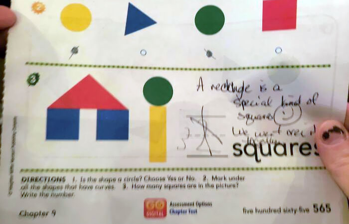 Kindergarten Teacher Marked An Answer Wrong For Saying This Picture Has 2 Squares, Saying There Are 4. "A Rectangle Is A Special Kind Of Square, We Went Over This"