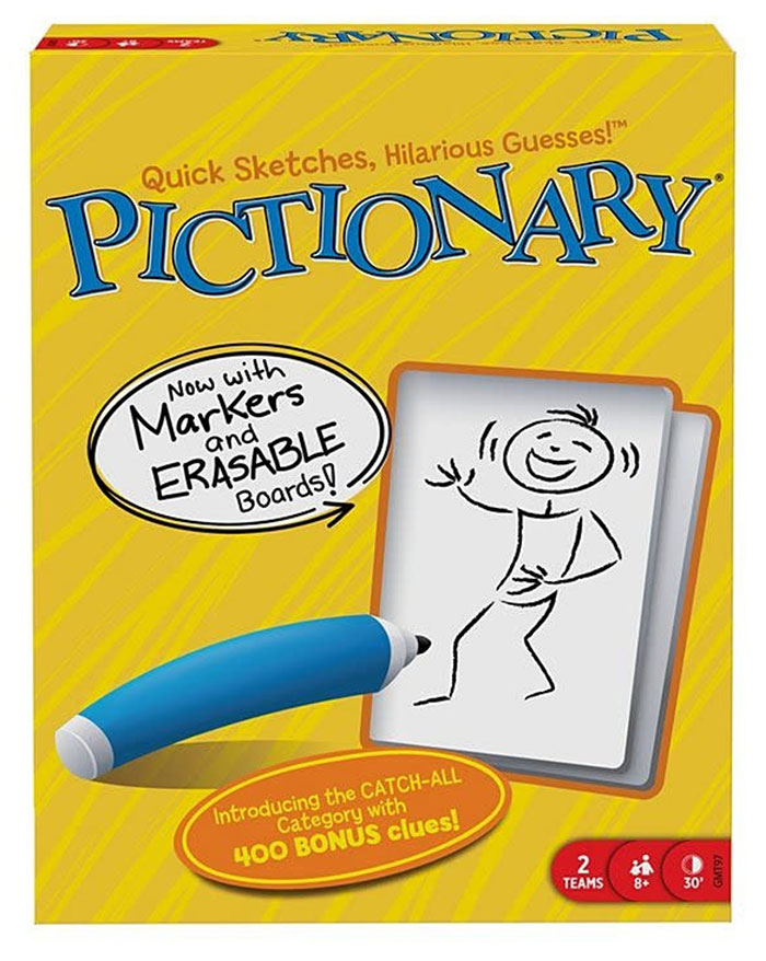 Pictionary board game featuring markers and erasable boards for the best board games you can play on a night in.