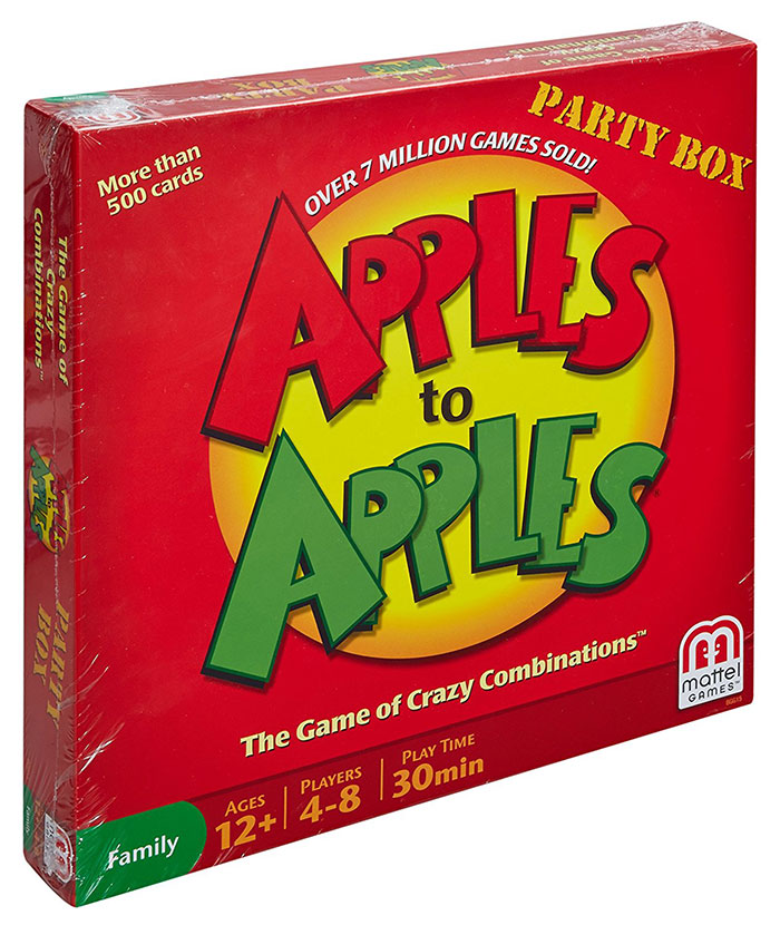 Apples to Apples board game party box with more than 500 cards for family game night fun and group play.