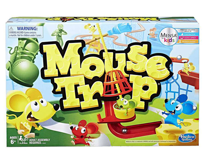 Mouse Trap board game box with colorful cartoon mice and game components, a fun board game for kids entertainment.