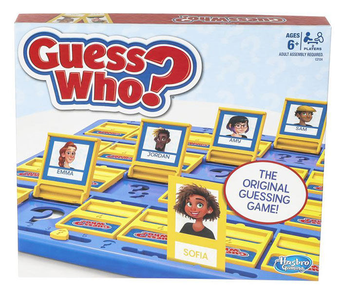 Guess Who board game box showing colorful character cards, a popular fun board game for kids entertainment.