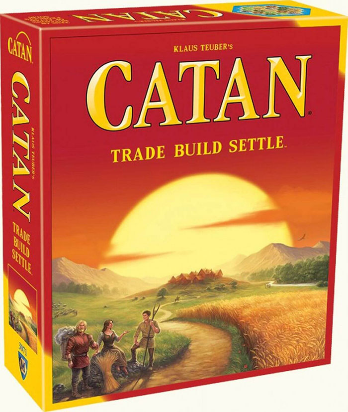 Catan board game box featuring trade, build, and settle theme as a fun board game for kids entertainment.
