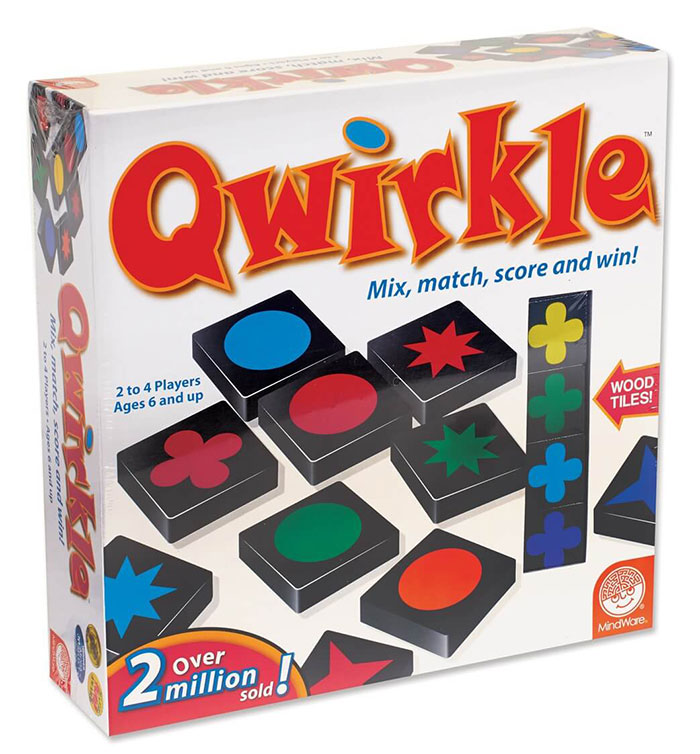 Qwirkle board game box featuring colorful wooden tiles, a popular fun board game for kids to enjoy indoors.