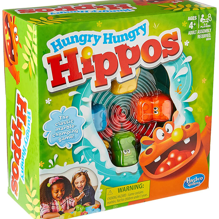 Hungry Hungry Hippos board game for kids, colorful hippos and marbles in a fun, classic kids entertainment game box.