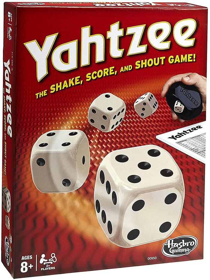 Yahtzee board game box featuring dice and shake cup for fun board games for kids entertainment.