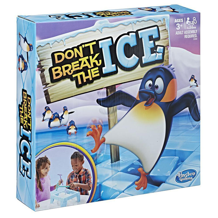 Don't Break the Ice board game box featuring penguins and kids playing, a fun board game for kids entertainment.