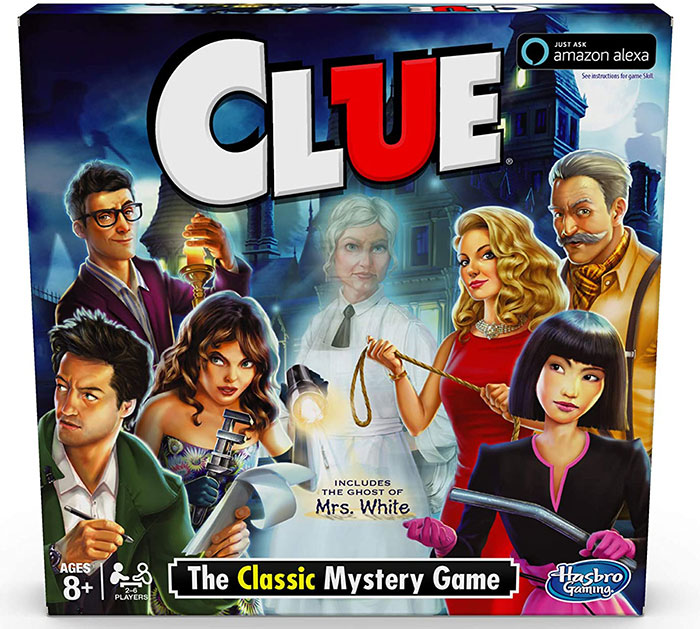 Clue board game box featuring characters and accessories, a classic fun board game for kids and family entertainment.