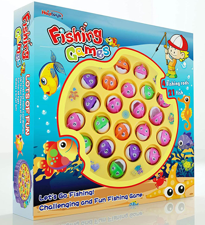 Colorful fishing board game with fish pieces and fishing rods, a fun board game for kids to stay entertained.