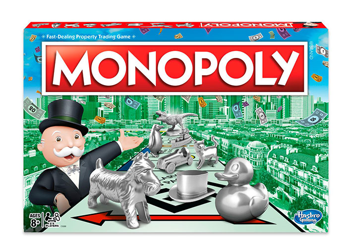 Monopoly board game box with classic tokens displayed, a popular fun board game for kids and family entertainment.