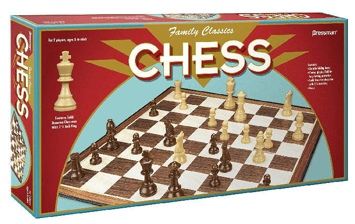Chess classic board game box with wooden pieces set up for play, a fun board game for kids entertainment.