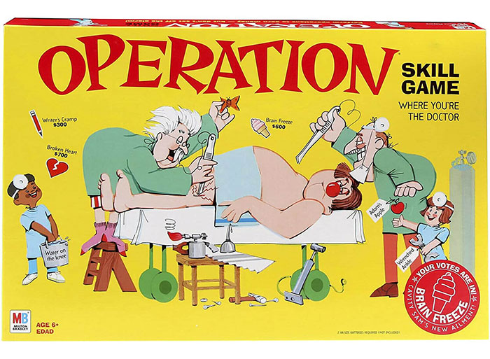 Operation board game box featuring a patient and doctors, a classic fun board game for kids entertainment.