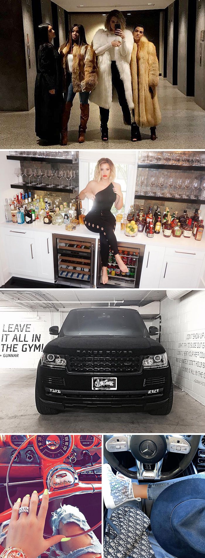 Celebrities flaunting wealth with luxury cars, high-end fashion, and lavish home bars in this montage.