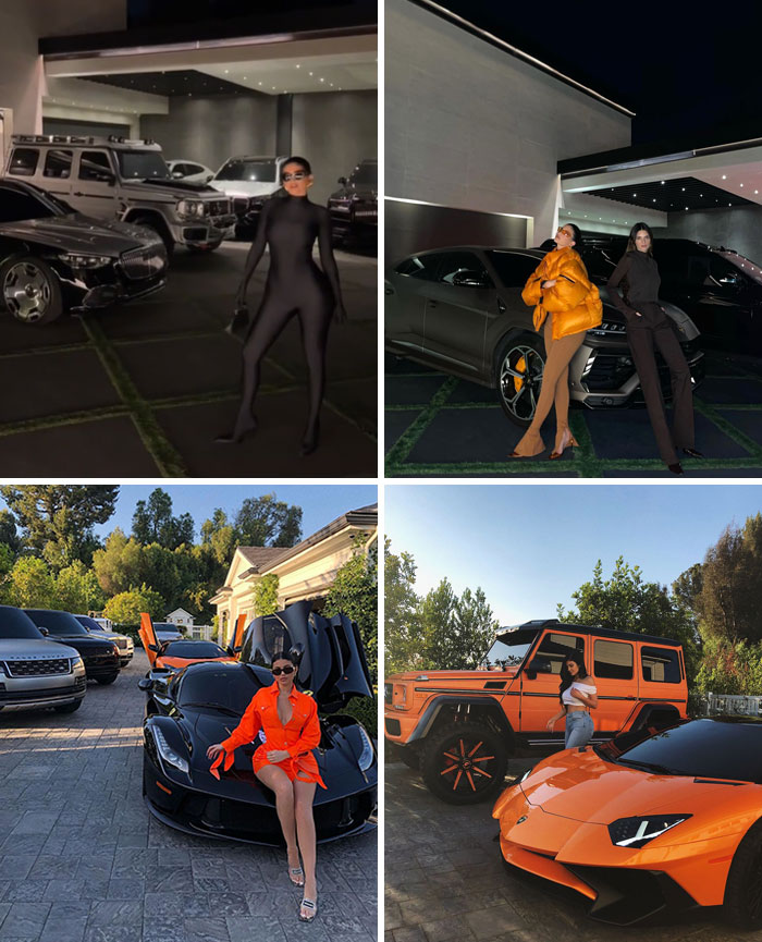 Celebrities flaunting wealth with luxury cars and stylish outfits in lavish settings.