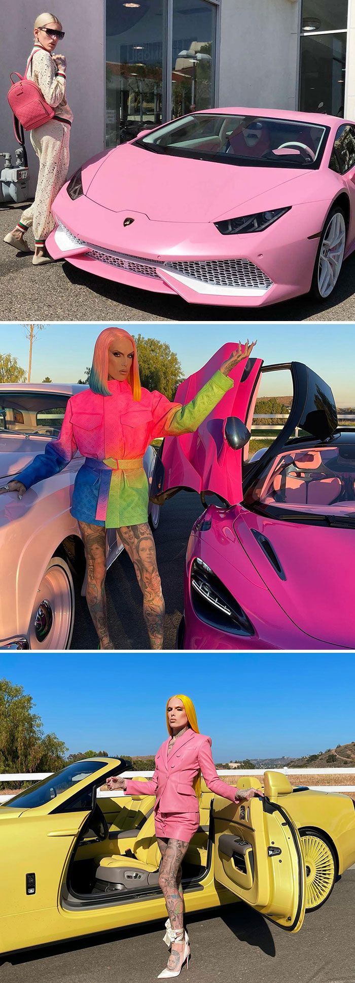 Celebrities flaunting wealth with luxury cars in bold pink and yellow outfits.