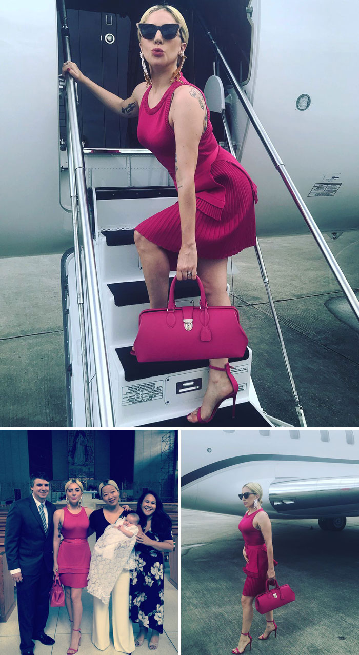 Celebrity flaunts wealth in a red dress and handbag, boarding a private jet, highlighting lavish lifestyle.