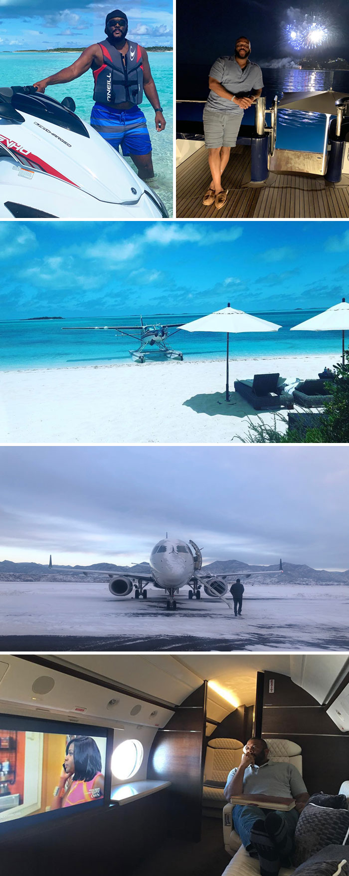 Celebrities flaunting wealth with luxury yachts, private jets, and exotic beach views in various settings.